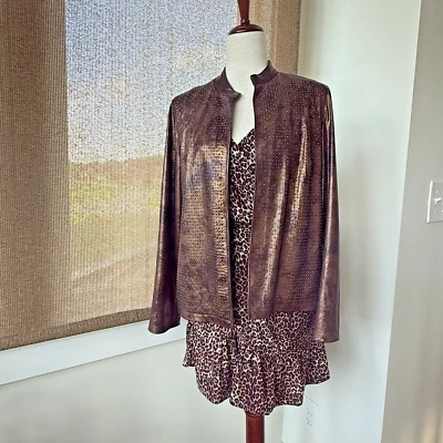 Chico's Women’s Size 1 Bronze Faux Snake Print Stud Open Cardigan Blazer Jacket - Image 1 of 4