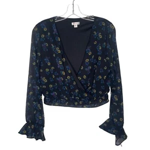 Xhilaration Womens Top Size M Blue Floral V-Neck Long Sleeve Pullover Semi Crop - Picture 1 of 12