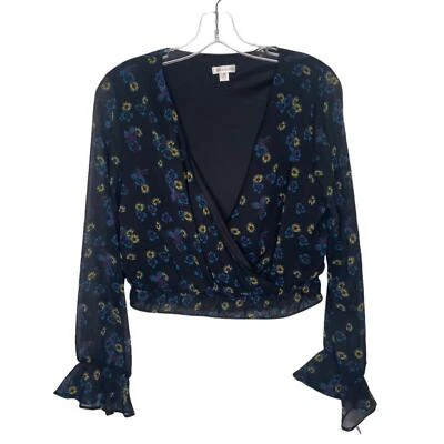 Xhilaration Mujer Top Talla M Azul Floral Cuello en V Manga Larga Pullover Semi Recortado Foto 1 de 4
