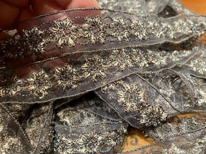 embroidered beads organza  flower trim 7/8" glass hand sewn peach taupe 1yd - Picture 1 of 4