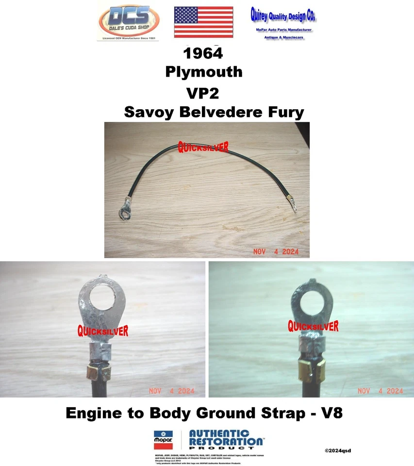 1964 Savoy Belvedere Fury V8 Engine to Body Ground Strap 2427807 New MoPar USA - Image 1 of 2