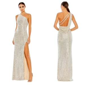 Mac Duggal One-shoulder Sequined Sheath Dress Sz 8 Silver - Picture 1 of 13