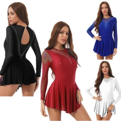 Damen Eiskunstlauf Kleid Rollschuhkleid Strass Ballettkleid Latein Tango Kleid