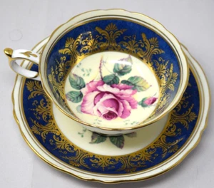Double Warrant Paragon England Teacup Saucer Pink Cabbage Rose Blue Gold Edge - Picture 1 of 7