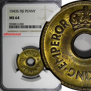 Fiji George VI Brass 1943 S 1 Penny NGC MS64 San Francisco Mint KM# 7a (030) - Picture 1 of 4