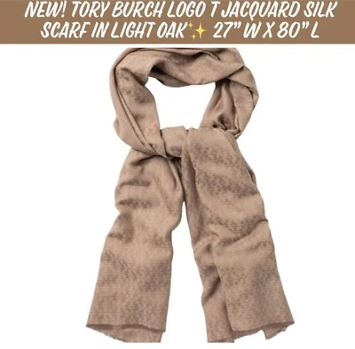 NUEVA Bufanda con Flecos Jacquard de Seda TT Logo Tory Burch Bronceado Claro 80”L Hecha en Francia Foto 1 de 4