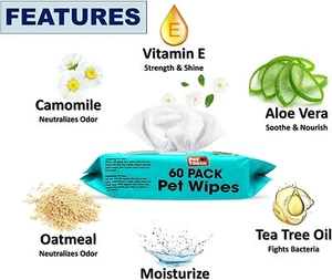 60 Pack All Purpose PET WIPES Dogs & Cats ALCOHOL FREE & WET Moist Paw Cleaner - Picture 1 of 6