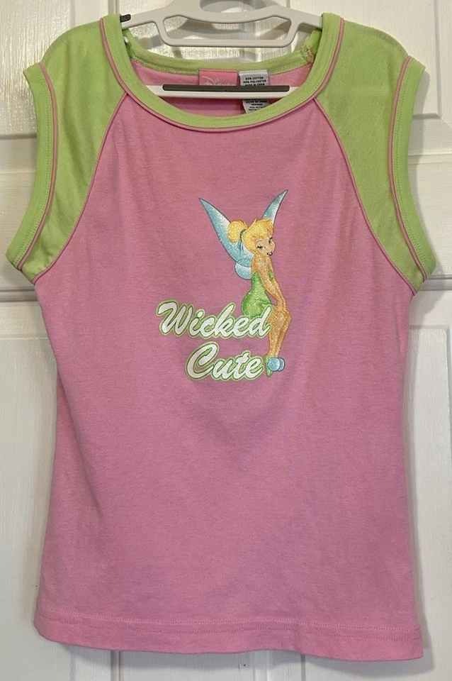 Винтажный Y2K Disney Динь-Динь Юниоры Средний Топ Злой Милый Зеленый Розовый Блестящий - Изображение 1 из 4