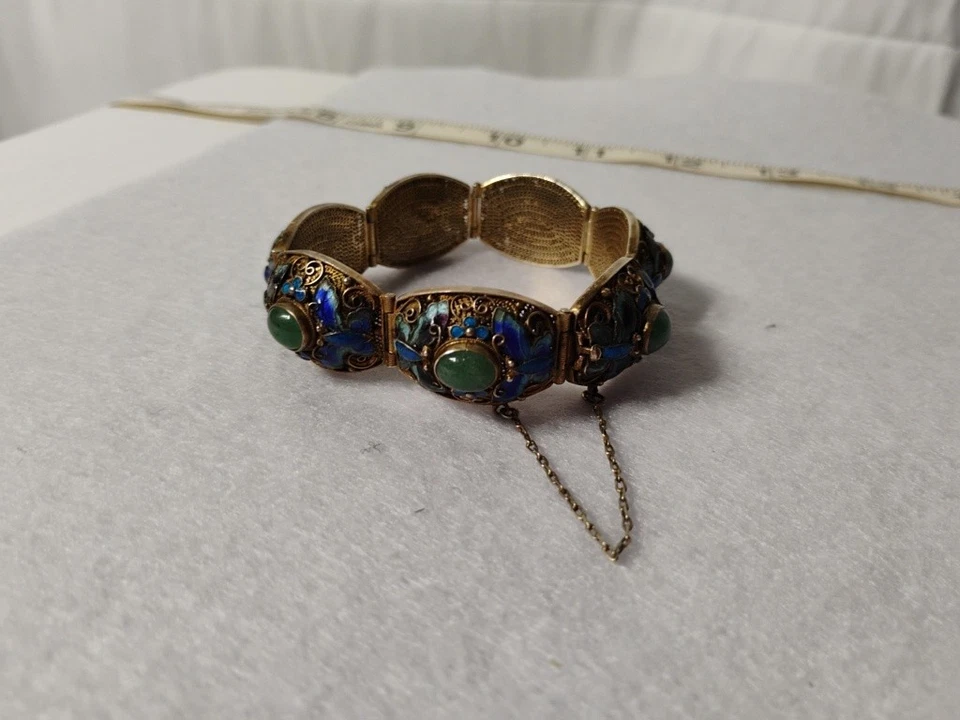 Antiguo Brazalete de Exportación China Jade Plata Filigrana Oro Dorado Esmalte Mariposa Foto 1 de 4
