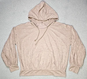 Free People Velour Hoodie Damen Gr. LARGE beige Oversize Pullover Frottee - Bild 1 von 11