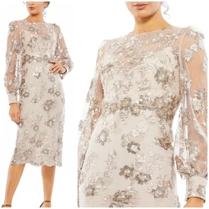 Mac Duggal NWT Beige Embellished High Neck Illusion Long Sleeve Midi Dress Sz 6 - Picture 1 of 10