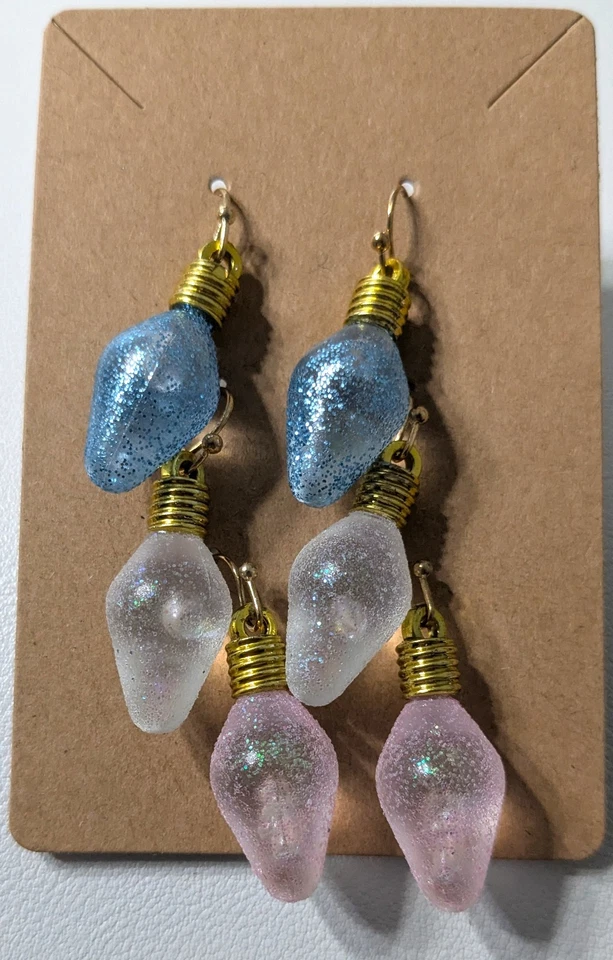 3 Pair Christmas Light Dangle Earrings- Blue, White, Pink- DO NOT LIGHT UP! - Image 1 of 1