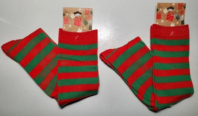 Calcetines hasta la rodilla K Bell rojos y verdes a rayas elfo 2 pares nuevos con etiquetas Foto 1 de 3