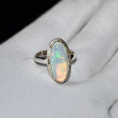 925 Sterling Silver Ethiopian Opal Ring Oval Cabochon Designer ring Gift for Her - Image 1 of 4