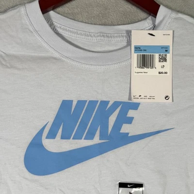 Nike Shirt Girls M Big Kids Light Gray Blue Swoosh Logo Short Sleeve AR5088-086 - Image 1 of 4