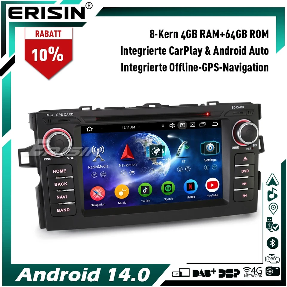 8-Kern 64GB CarPlay DVD Android 14 GPS Autoradio Navi DAB+ Wifi für Toyota AURIS - Bild 1 von 4