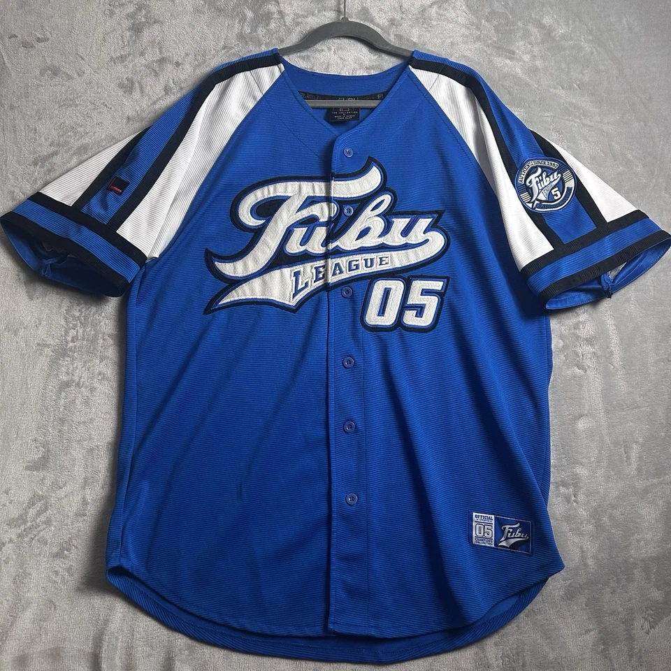 Vintage Fubu Baseball Jersey Mens Large Blue Colorblock Button Up 05 Hip Hop Y2K - Image 1 of 4