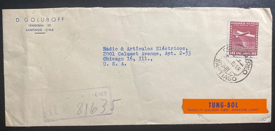 Cubierta de correo aéreo Santiago Chile 1953 a Chicago IL Estados Unidos Tung Sol Radio TV Electrón Foto 1 de 2