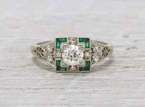 3CT Round Cut Real Moissanite Art Deco Wedding Ring 14k White Gold Plated Silver - Picture 1 of 7
