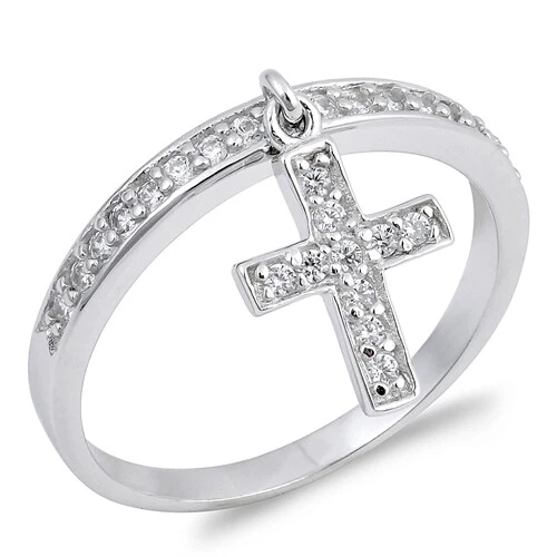 Dangling Cross Rings Sterling Silver 925 Rhodium Plated Height 12mm Sizes 4 - 10 - Image 1 of 1