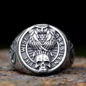 Stainless Steel Owl Skull Masonic Square Compass Ring for Men Amulet Jewelry - Picture 1 of 24