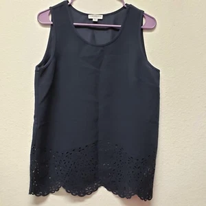 Katherine Barclay Med Laser Cut Black  Sleeveless Top Blouse Scalloped bottom  - Picture 1 of 6