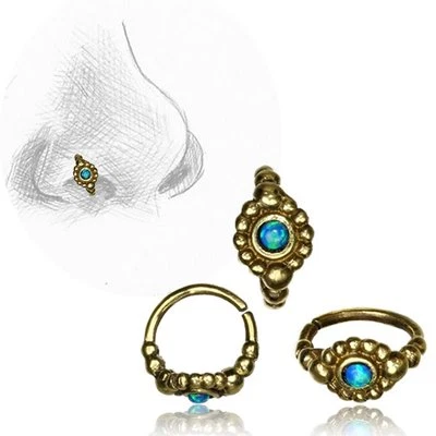 20G TRIBAL BRASS NOSE RING 7MM RING NOSE STUD HELIX FAUX BLUE OPAL STONE HOOP - Image 1 of 2