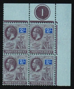 1923 Montserrat SG80 2/- Black & Blue U/M Block of 4 Plate 1 (RW1140) - Picture 1 of 2