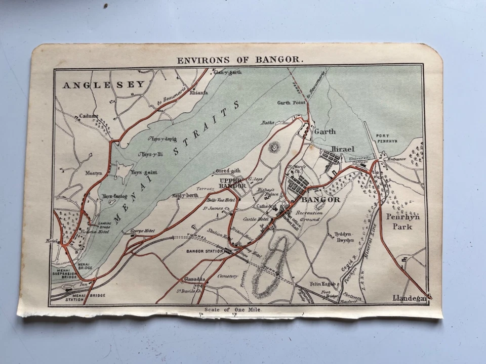 Mapa antiguo de 1892 de los alrededores del estrecho de Bangor Menai norte de Gales Foto 1 de 1