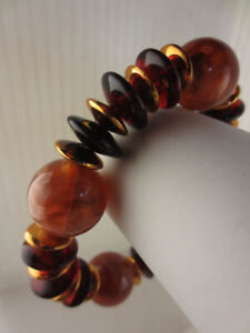 Chunky Marbled Gold/Brown Tortoise/Bronze Saucer Plastic Bead Stretch Bracelet
