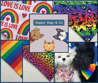 DAPPER DOGS & CO Handmade slide on collar bandana Dog, cat etc. Rainbow Collection. Pride S,M&L