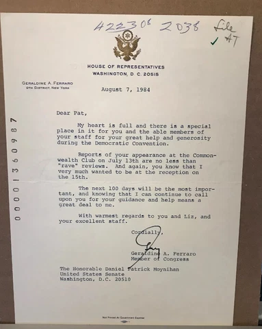 Geraldine Ferraro 1984 Typed Letter Signed - To NY Senator Daniel P. Moynihan Cover