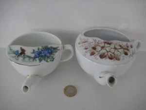 2x ANTIQUE INVALID BABY INFANT GRUEL FEEDER PAP BOAT MEDICINE CUP PRETTY FLORAL - Picture 1 of 12
