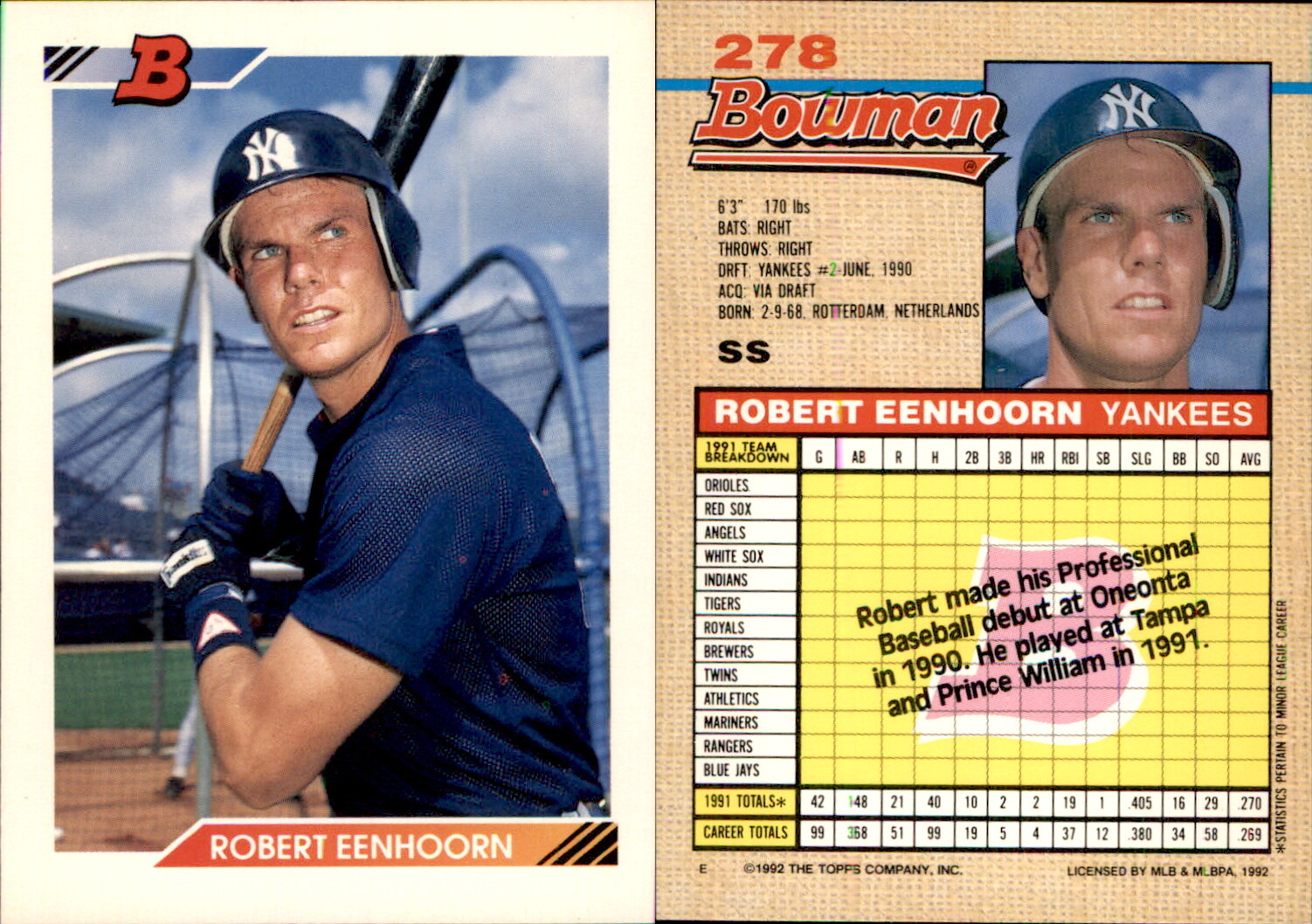 Robert Eenhoorn 1992 Bowman #278 Card New York Yankees