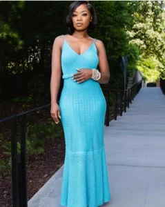 House of Harlow 1960 Blue Ribbed Knit V-Neck Spaghetti Straps Maxi Dress Large - Picture 1 of 9