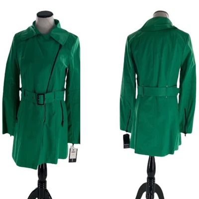 Gabardina negra remache asimétrico cremallera cinturón primavera lluvia chaqueta talla mediana NUEVO Foto 1 de 4