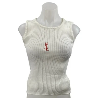 YSL Yves Saint Laurent Cassandre White Logo Ribbed Knit Cami Tank Top Size S  - Image 1 of 4