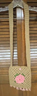 Bolso Bandolera Hecho a Mano Crochet Rosa Flor Boho Cottagecore Hippie Cartera Foto 1 de 3
