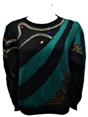 Suéter Cervelle usado en excelente estado - joyas de imitación y trenza dorada en negro y verde - para mujer M Foto 1 de 4