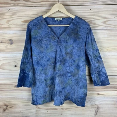 One World Top 2X Lavagem Mineral Azul Floral Manga 3/4 Acabamento de Alface Boho EUA - Imagem 1 de 4