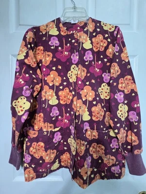 UA Scrubs Scrub Jacket size S-Fall Trees Wine/Orange Snap-Up-Chest 22"/L 27.5" - Image 1 of 4