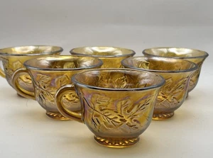 Vintage Indiana Carnival Glas irisierend Bernstein Bowle Tassen 6er Set Ahornblätter - Bild 1 von 4