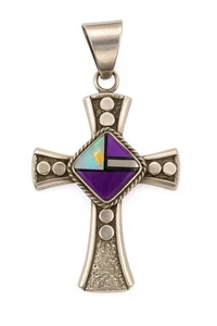 Native American FAR Sterling Silver Cross Pendant Inlay Turquoise Purple Opal - Picture 1 of 7