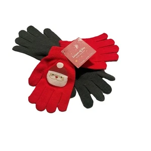 Kids Gloves Girls Boys 2 Pairs Finger Mittens Santa Face Red Gray Size 4-6x New - Picture 1 of 9