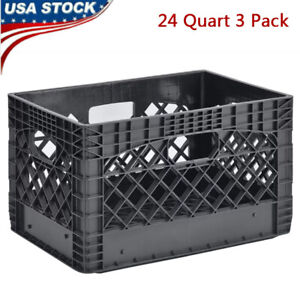 Plastic Storage Box 24-Qt 3 Pack Heavy Duty Stackable Dairy Milk Crates Basket