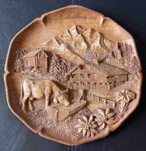 NEW Vintage Switzerland Hand Carved Wooden Plate 3D Relief Wall Decor Alps Cow - Picture 1 of 7
