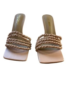 Fashion Nova 8.5 Braided Rope Strap 3" Heel Nude Heeled Sandals Square Toe - Picture 1 of 7