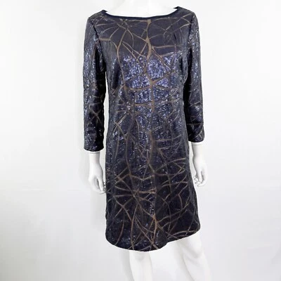 Vestido recto Tadashi Shoji azul marino lentejuelas talla 8 fiesta cóctel mangas 3/4 Foto 1 de 4