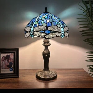 Tiffany Style Table Lamp Blue Stained Glass Dragonfly LED Bulb 19"H*12"W*12"D - Picture 1 of 10