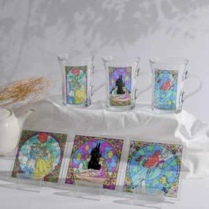 Set tazza e sottobicchiere Disney in vetro colorato La Bella e la Bestia Ariel Raperonzolo NUOVO - Foto 1 di 45